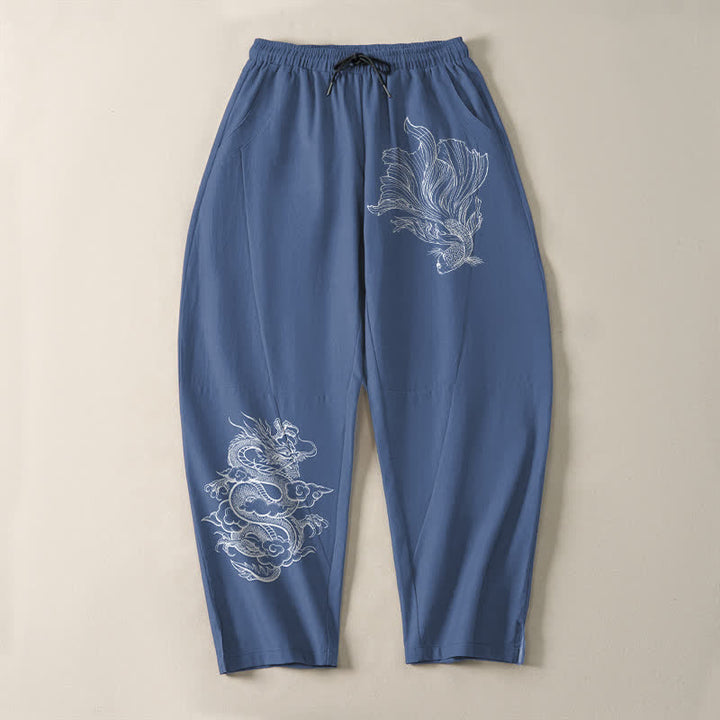 Buddha Stones Pantaloni da uomo affusolati in puro cotone con coulisse e tasche, con stampa di draghi koi. - image 2