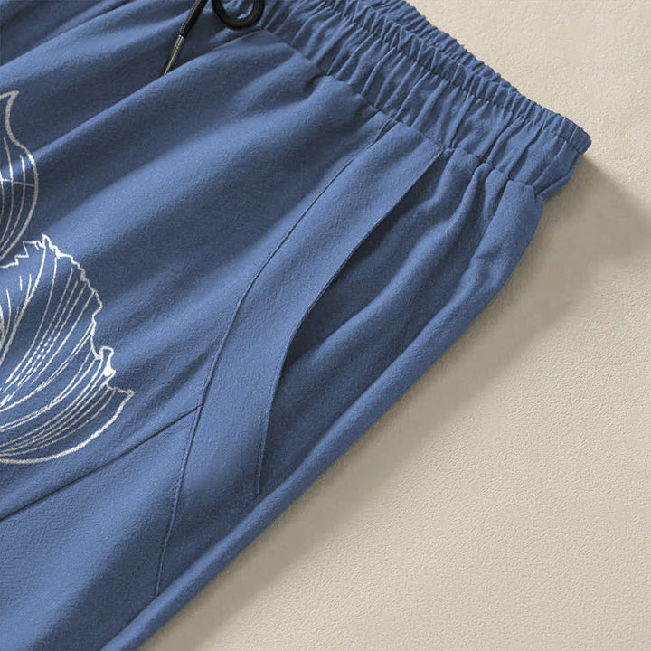 Buddha Stones Pantaloni da uomo affusolati in puro cotone con coulisse e tasche, con stampa di draghi koi. - image 4