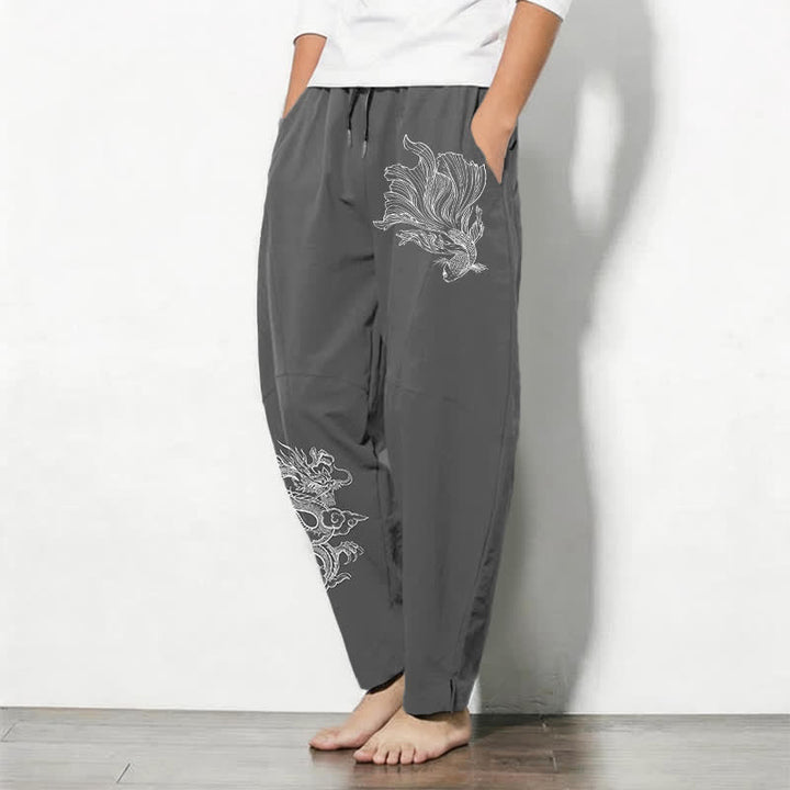 Buddha Stones Pantaloni da uomo affusolati in puro cotone con coulisse e tasche, con stampa di draghi koi. - image 8