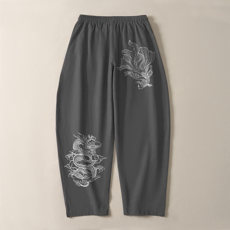 Buddha Stones Pantaloni da uomo affusolati in puro cotone con coulisse e tasche, con stampa di draghi koi. - image 10
