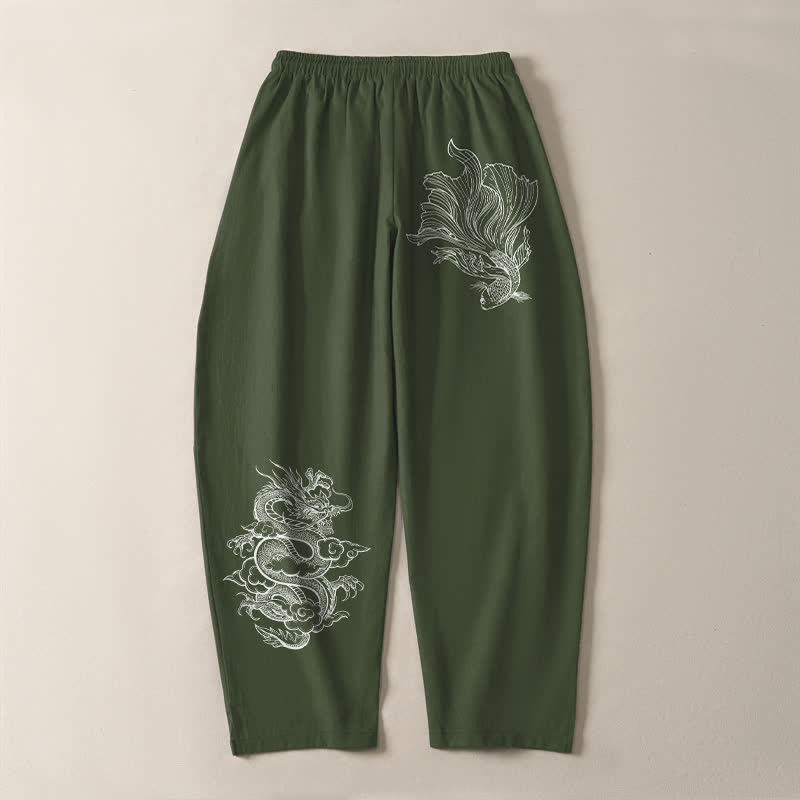 Buddha Stones Pantaloni da uomo affusolati in puro cotone con coulisse e tasche, con stampa di draghi koi. - image 14