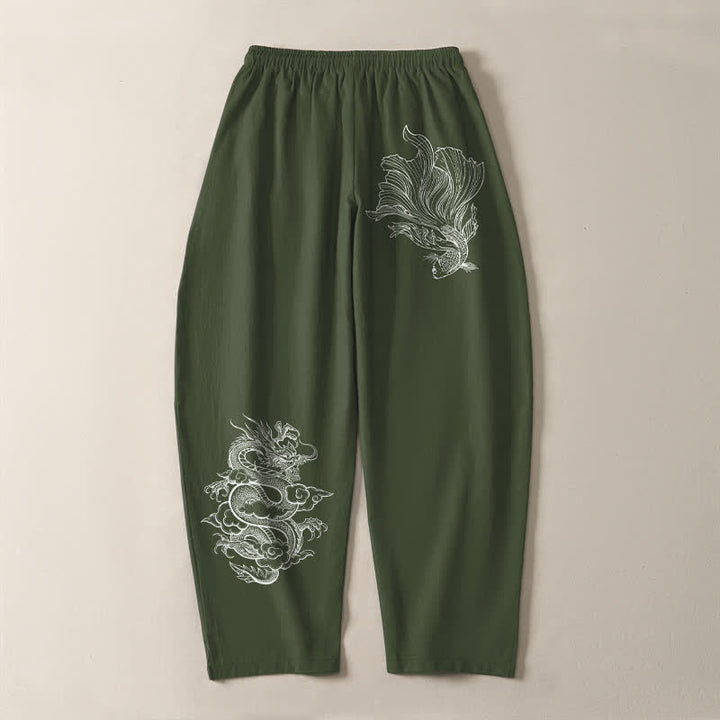 Buddha Stones Pantaloni da uomo affusolati in puro cotone con coulisse e tasche, con stampa di draghi koi. - image 14
