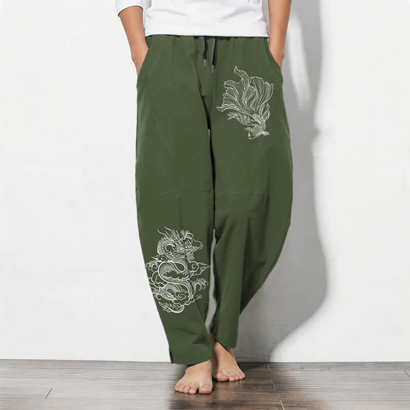 Buddha Stones Pantaloni da uomo affusolati in puro cotone con coulisse e tasche, con stampa di draghi koi. - Verde oliva scuro - US/UK/AU50, EU60 (5XL) - image 11