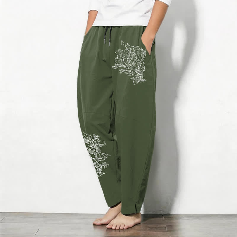 Buddha Stones Pantaloni da uomo affusolati in puro cotone con coulisse e tasche, con stampa di draghi koi. - image 12