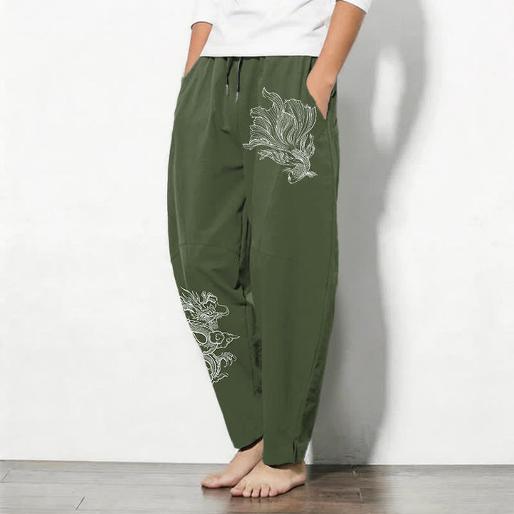 Buddha Stones Pantaloni da uomo affusolati in puro cotone con coulisse e tasche, con stampa di draghi koi. - image 12