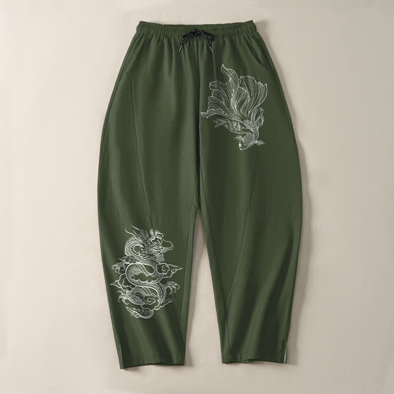 Buddha Stones Pantaloni da uomo affusolati in puro cotone con coulisse e tasche, con stampa di draghi koi. - image 13