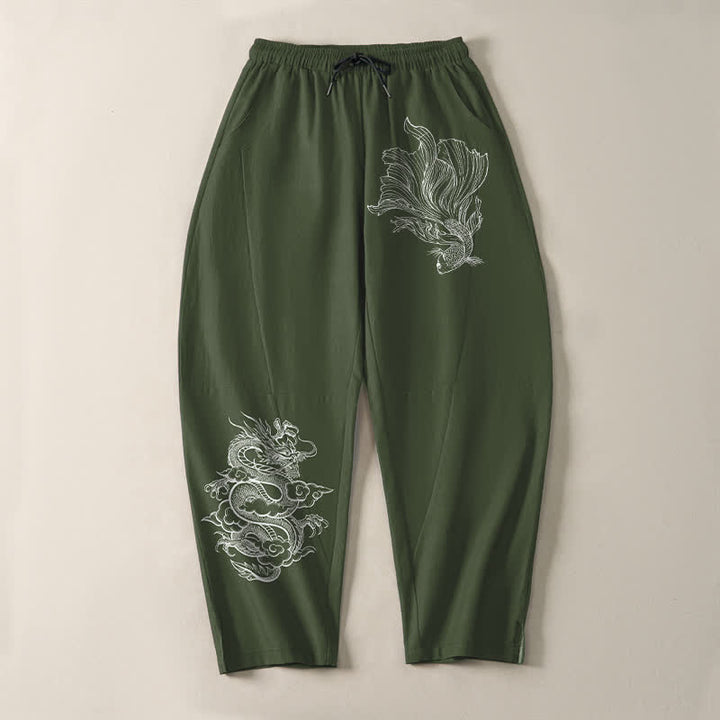 Buddha Stones Pantaloni da uomo affusolati in puro cotone con coulisse e tasche, con stampa di draghi koi. - image 13