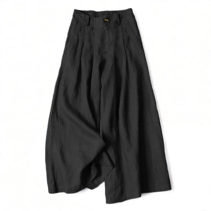 Buddha Stones Pantaloni lunghi estivi eleganti da donna in cotone e lino, tinta unita, con elastico in vita, bottoni e cerniera, gamba larga e tasche. - Nero - US16, UK/AU20, EU48 (3XL) - image 10