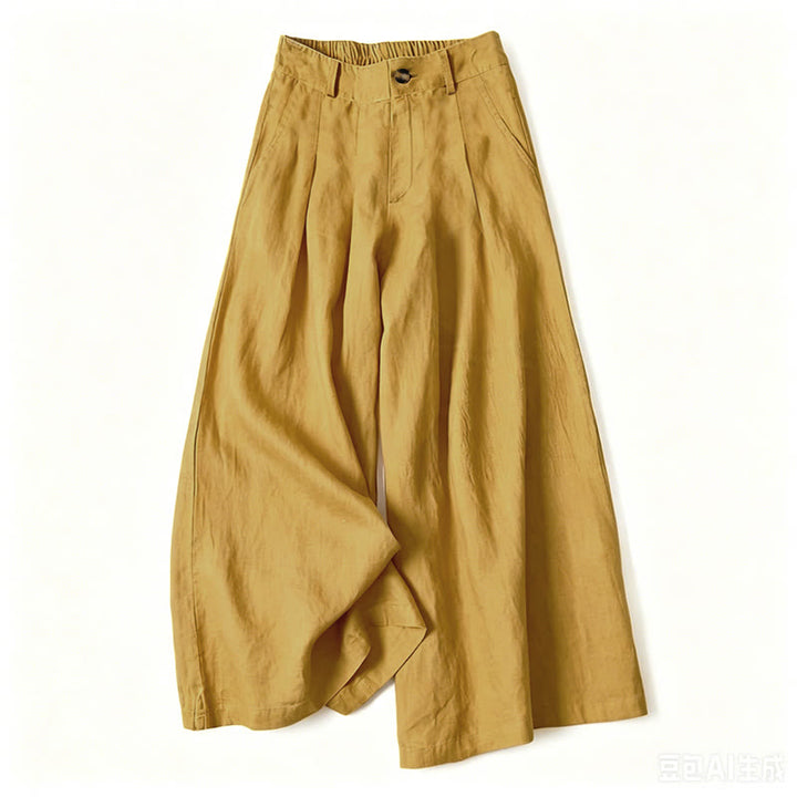 Buddha Stones Pantaloni lunghi estivi eleganti da donna in cotone e lino, tinta unita, con elastico in vita, bottoni e cerniera, gamba larga e tasche. - Giallo - US16, UK/AU20, EU48 (3XL) - image 9