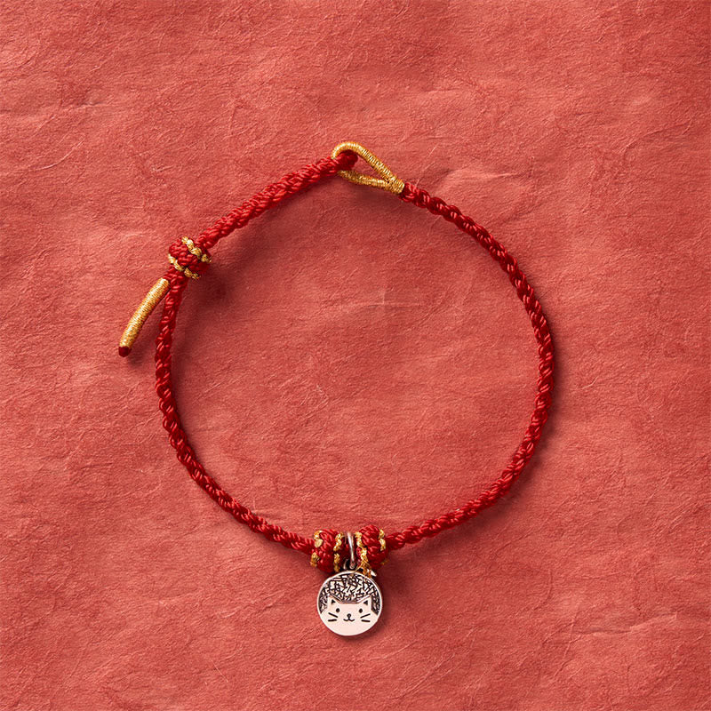 Buddha Stones Ciondolo rotondo in argento sterling 925 raffigurante un gattino che mangia un pesce, simbolo di prosperità, con cordino rosso e nero intrecciato. - image 11