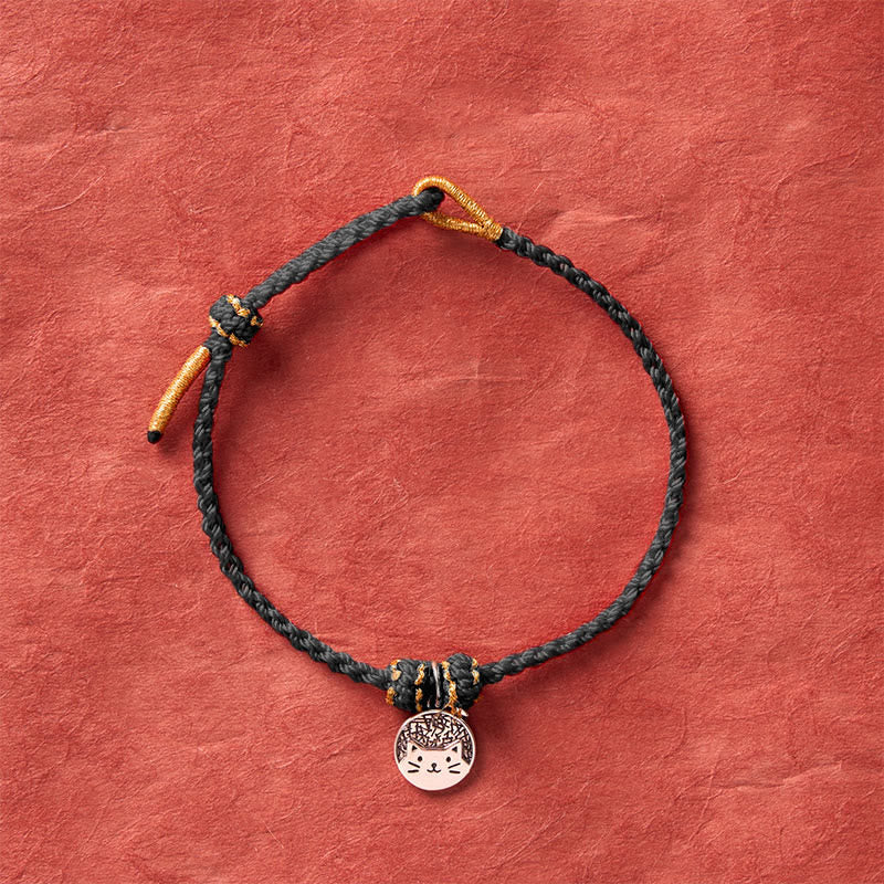 Buddha Stones Ciondolo rotondo in argento sterling 925 raffigurante un gattino che mangia un pesce, simbolo di prosperità, con cordino rosso e nero intrecciato. - image 14