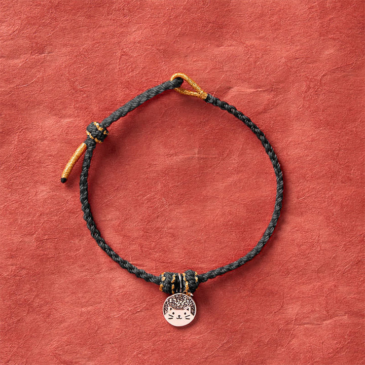 Buddha Stones Ciondolo rotondo in argento sterling 925 raffigurante un gattino che mangia un pesce, simbolo di prosperità, con cordino rosso e nero intrecciato. - image 14