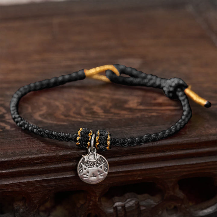 Buddha Stones Ciondolo rotondo in argento sterling 925 raffigurante un gattino che mangia un pesce, simbolo di prosperità, con cordino rosso e nero intrecciato. - Nero (circonferenza del polso 14–18 cm) - image 13