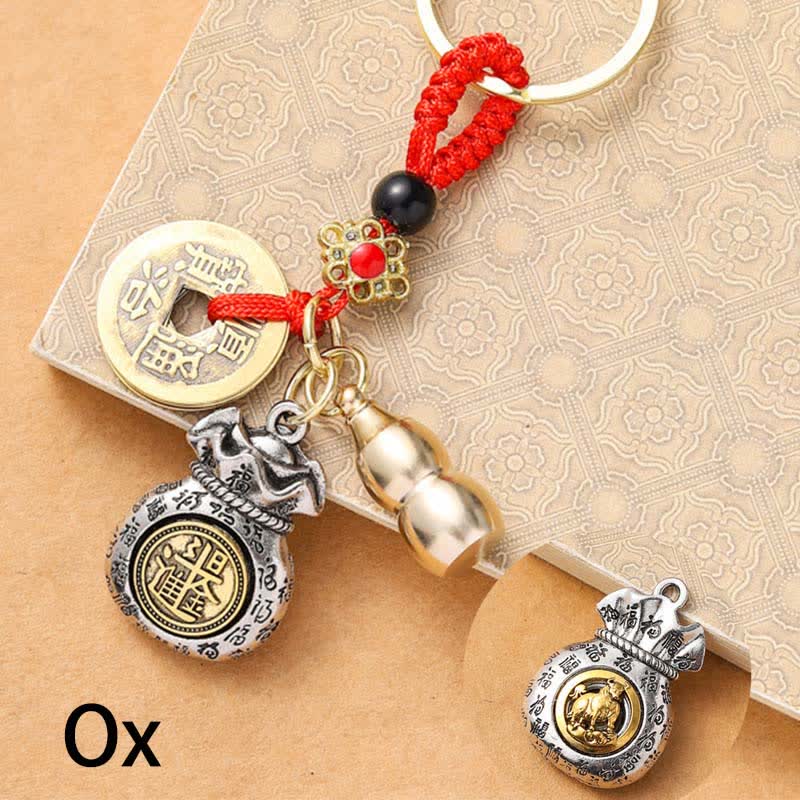 Buddha Stones Portachiavi con cordino rosso intrecciato raffigurante i Cinque Imperatori dello Zodiaco cinese e simboli protettivi. - Bue - image 2