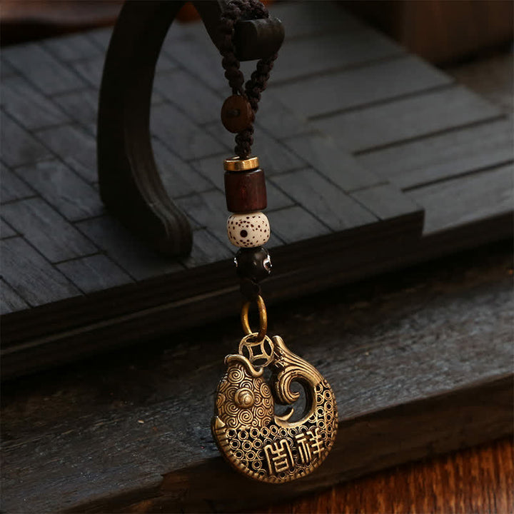 Buddha Stones Portachiavi rotondo intrecciato con ciondolo a forma di pesce koi in ottone - Corda di nuvole propizia - image 10