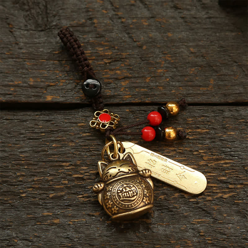Buddha Stones Portachiavi in ​​ottone con moneta cinese portafortuna a forma di gatto. - Monete di perline rosse - image 9