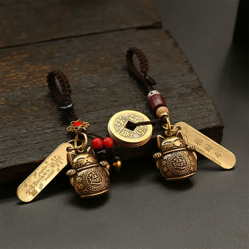 Buddha Stones Portachiavi in ​​ottone con moneta cinese portafortuna a forma di gatto. - image 12