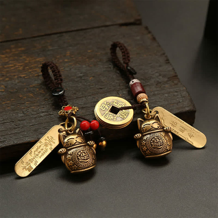 Buddha Stones Portachiavi in ​​ottone con moneta cinese portafortuna a forma di gatto. - image 12