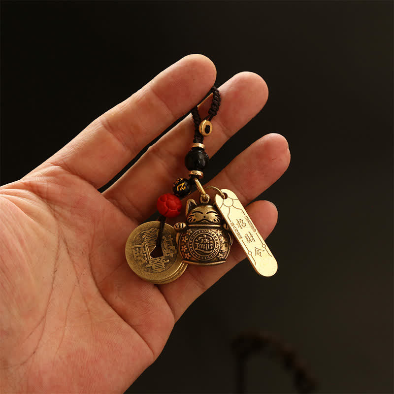 Buddha Stones Portachiavi in ​​ottone con moneta cinese portafortuna a forma di gatto. - image 8
