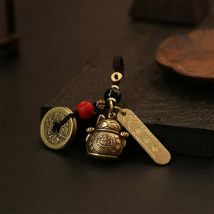 Buddha Stones Portachiavi in ​​ottone con moneta cinese portafortuna a forma di gatto. - image 4