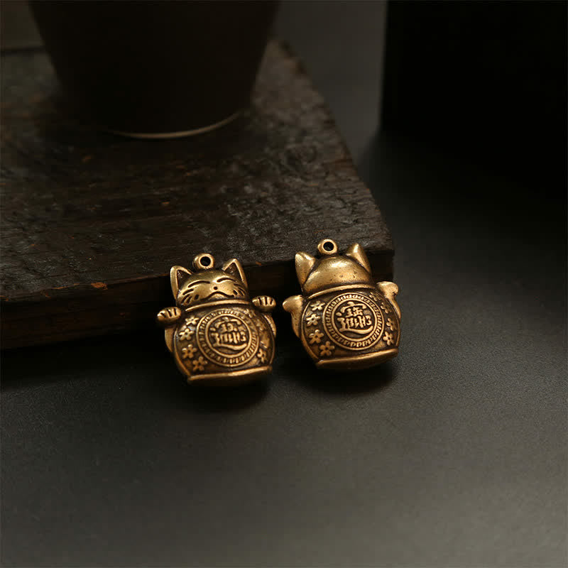 Buddha Stones Portachiavi in ​​ottone con moneta cinese portafortuna a forma di gatto. - image 14