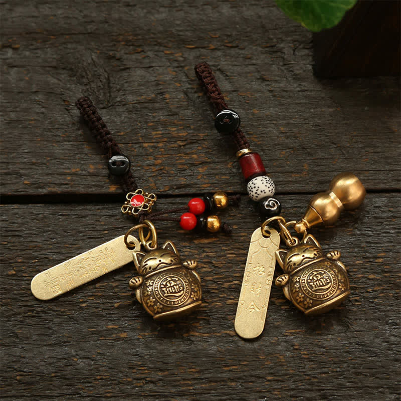 Buddha Stones Portachiavi in ​​ottone con moneta cinese portafortuna a forma di gatto. - image 11