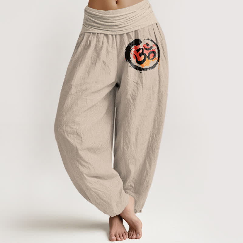 Buddha Stones Pantaloni harem da donna in puro cotone nero con motivo a cerchi e simboli rossi, vita elasticizzata. - Tan - US16, UK/AU20, EU48 (3XL) - image 0