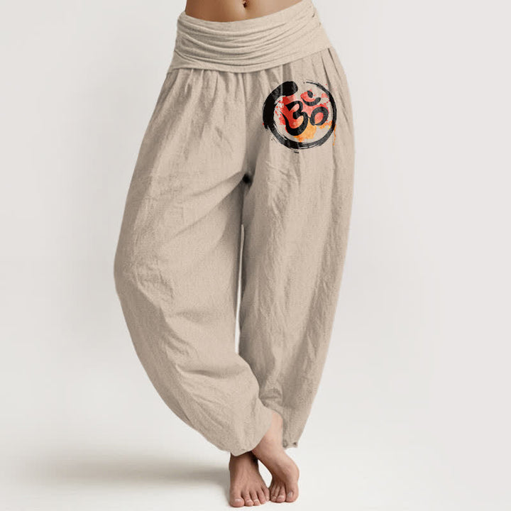 Buddha Stones Pantaloni harem da donna in puro cotone nero con motivo a cerchi e simboli rossi, vita elasticizzata. - Tan - US16, UK/AU20, EU48 (3XL) - image 0