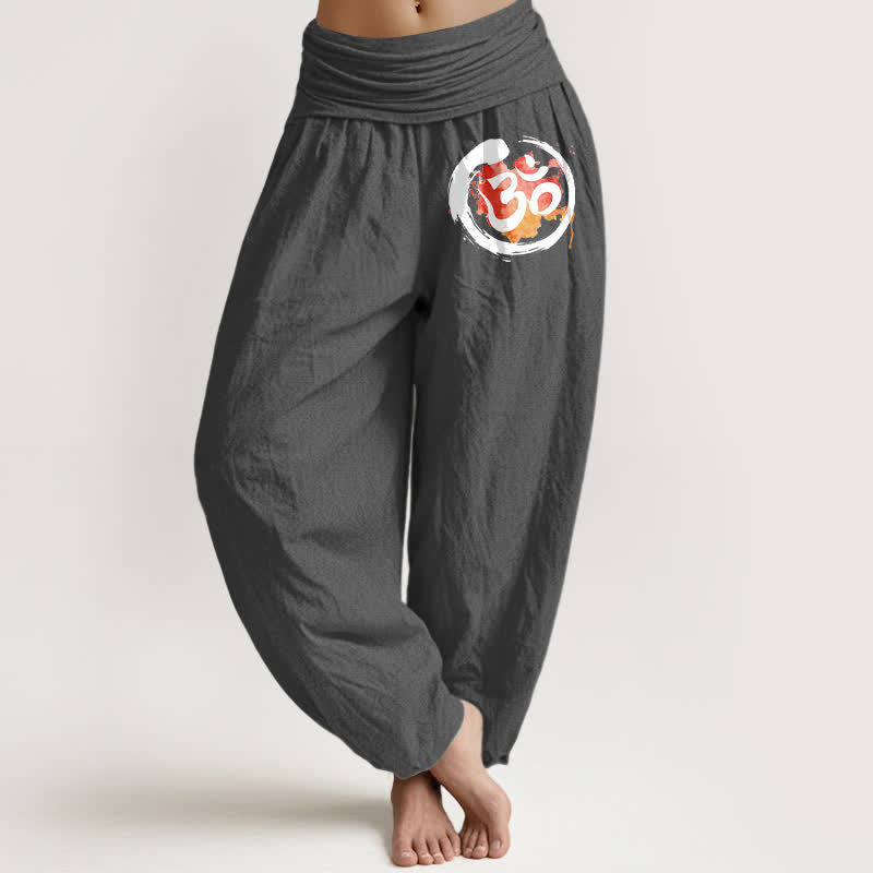 Buddha Stones Pantaloni harem da donna in puro cotone nero con motivo a cerchi e simboli rossi, vita elasticizzata. - Grigio tenue - US16, UK/AU20, EU48 (3XL) - image 11