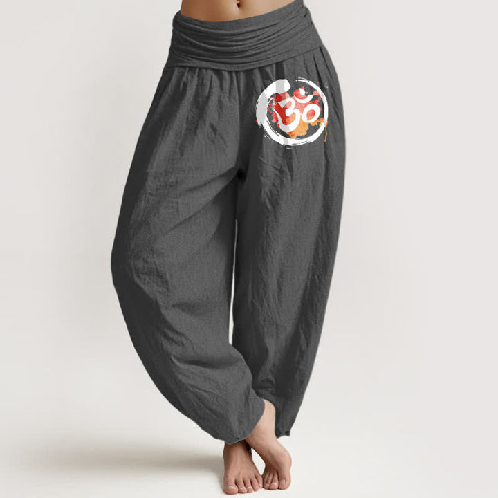 Buddha Stones Pantaloni harem da donna in puro cotone nero con motivo a cerchi e simboli rossi, vita elasticizzata. - Grigio tenue - US16, UK/AU20, EU48 (3XL) - image 11