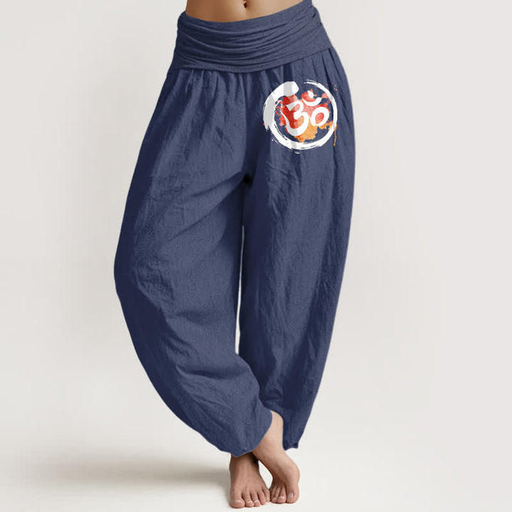Buddha Stones Pantaloni harem da donna in puro cotone nero con motivo a cerchi e simboli rossi, vita elasticizzata. - Blu ardesia scuro - US16, UK/AU20, EU48 (3XL) - image 8