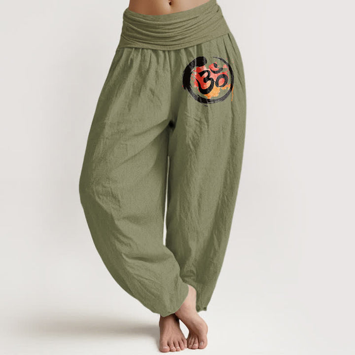 Buddha Stones Pantaloni harem da donna in puro cotone nero con motivo a cerchi e simboli rossi, vita elasticizzata. - Verde oliva - US16, UK/AU20, EU48 (3XL) - image 14