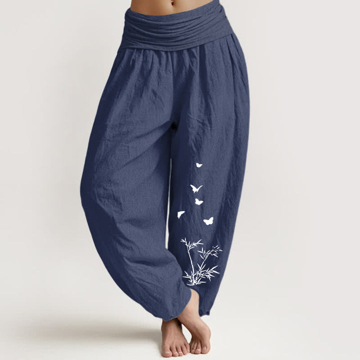 Buddha Stones Pantaloni harem da donna in puro cotone con motivo a farfalle e foglie di bambù, vita elasticizzata. - Blu ardesia scuro - US16, UK/AU20, EU48 (3XL) - image 0
