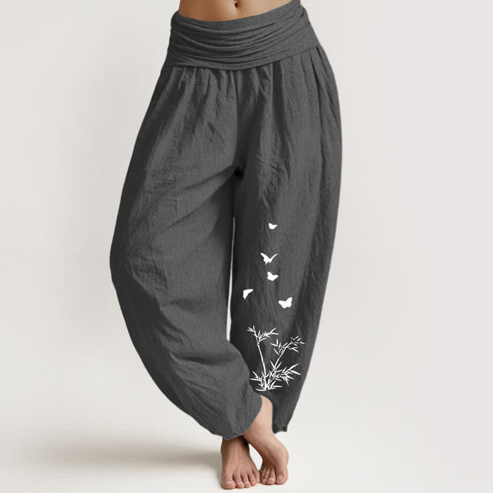Buddha Stones Pantaloni harem da donna in puro cotone con motivo a farfalle e foglie di bambù, vita elasticizzata. - Grigio tenue - US16, UK/AU20, EU48 (3XL) - image 5