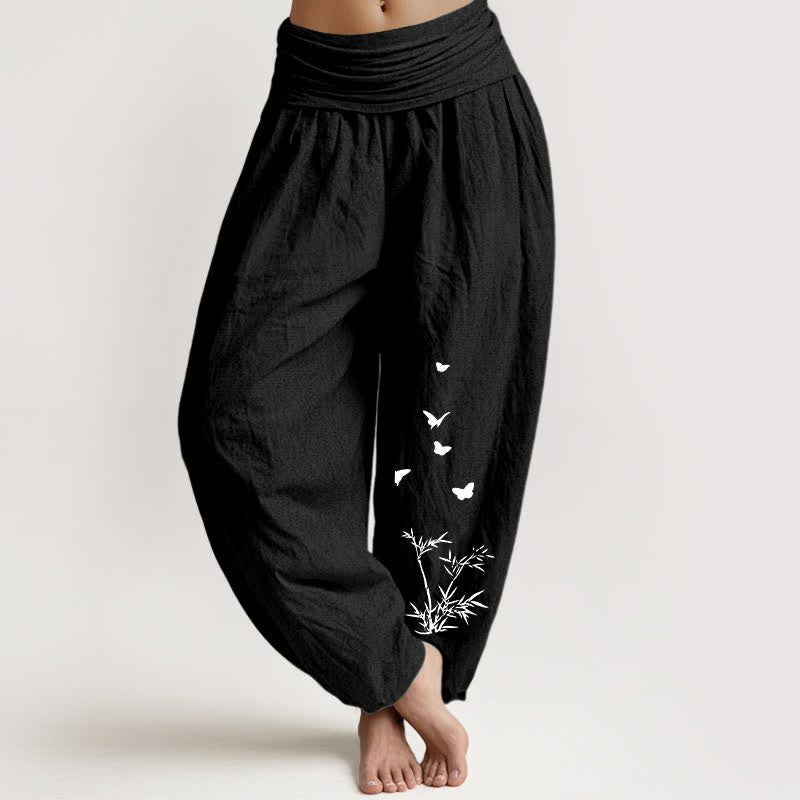 Buddha Stones Pantaloni harem da donna in puro cotone con motivo a farfalle e foglie di bambù, vita elasticizzata. - Nero - US16, UK/AU20, EU48 (3XL) - image 11