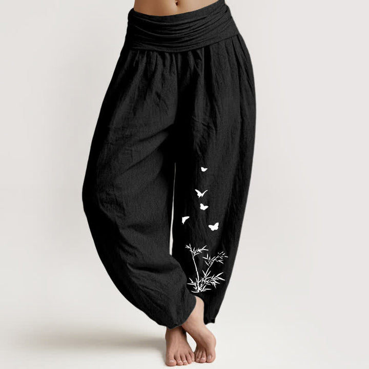 Buddha Stones Pantaloni harem da donna in puro cotone con motivo a farfalle e foglie di bambù, vita elasticizzata. - Nero - US16, UK/AU20, EU48 (3XL) - image 11