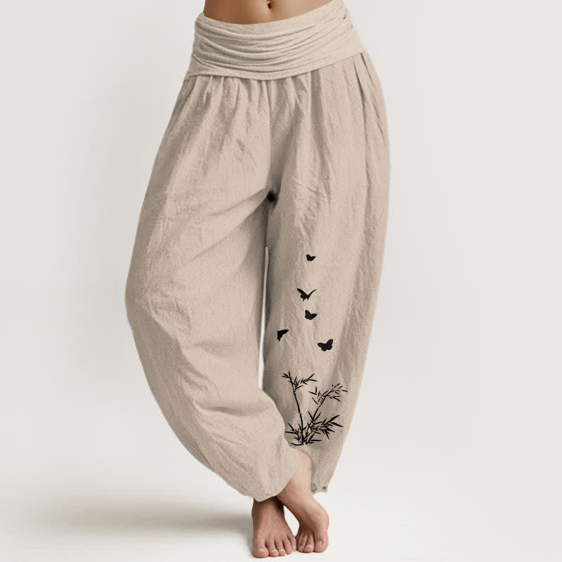 Buddha Stones Pantaloni harem da donna in puro cotone con motivo a farfalle e foglie di bambù, vita elasticizzata. - Tan - US16, UK/AU20, EU48 (3XL) - image 14