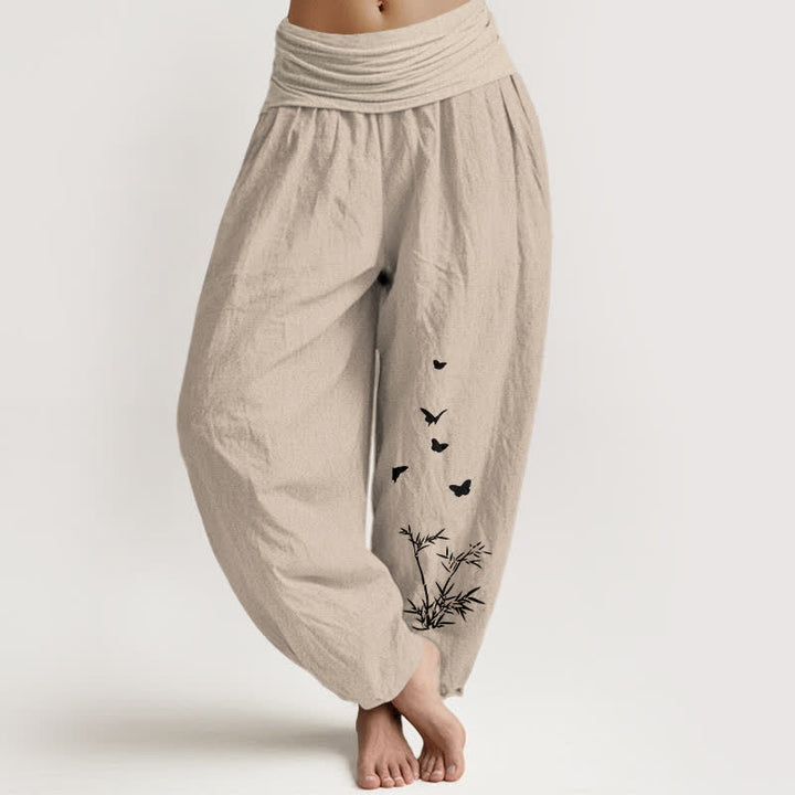 Buddha Stones Pantaloni harem da donna in puro cotone con motivo a farfalle e foglie di bambù, vita elasticizzata. - Tan - US16, UK/AU20, EU48 (3XL) - image 14