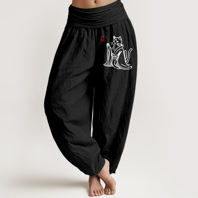 Buddha Stones Pantaloni harem da donna in puro cotone con fantasia gatto zen e vita elasticizzata. - Nero - US16, UK/AU20, EU48 (3XL) - image 14