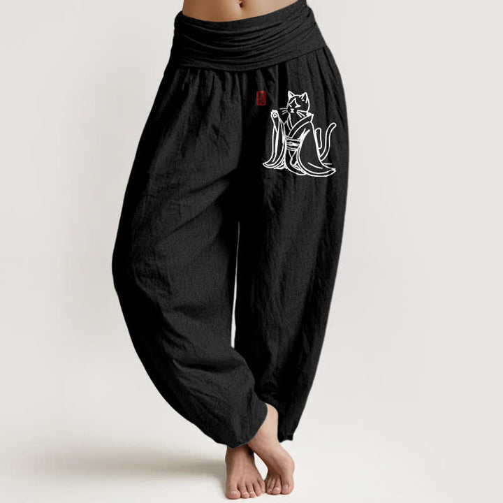 Buddha Stones Pantaloni harem da donna in puro cotone con fantasia gatto zen e vita elasticizzata. - Nero - US16, UK/AU20, EU48 (3XL) - image 14
