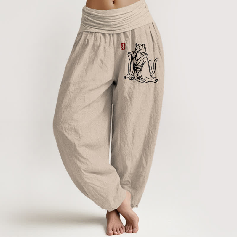 Buddha Stones Pantaloni harem da donna in puro cotone con fantasia gatto zen e vita elasticizzata. - Tan - US16, UK/AU20, EU48 (3XL) - image 0