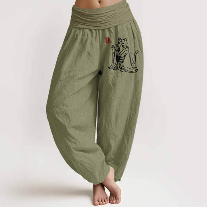 Buddha Stones Pantaloni harem da donna in puro cotone con fantasia gatto zen e vita elasticizzata. - Verde oliva - US16, UK/AU20, EU48 (3XL) - image 11