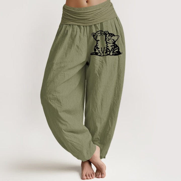 Buddha Stones Pantaloni harem da donna in puro cotone con fantasia di gatti bianchi e elastico in vita. - Verde oliva - US16, UK/AU20, EU48 (3XL) - image 8