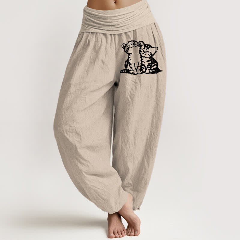 Buddha Stones Pantaloni harem da donna in puro cotone con fantasia di gatti bianchi e elastico in vita. - Tan - US16, UK/AU20, EU48 (3XL) - image 14