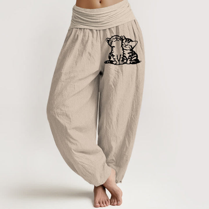 Buddha Stones Pantaloni harem da donna in puro cotone con fantasia di gatti bianchi e elastico in vita. - Tan - US16, UK/AU20, EU48 (3XL) - image 14