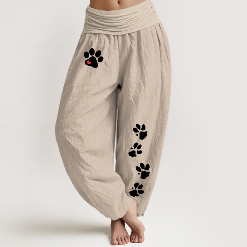 Buddha Stones Pantaloni harem da donna in puro cotone bianco con stampa di zampe e elastico in vita. - Tan - US16, UK/AU20, EU48 (3XL) - image 14
