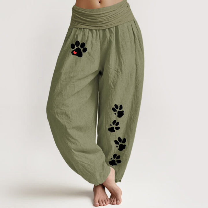Buddha Stones Pantaloni harem da donna in puro cotone bianco con stampa di zampe e elastico in vita. - Verde oliva - US16, UK/AU20, EU48 (3XL) - image 8