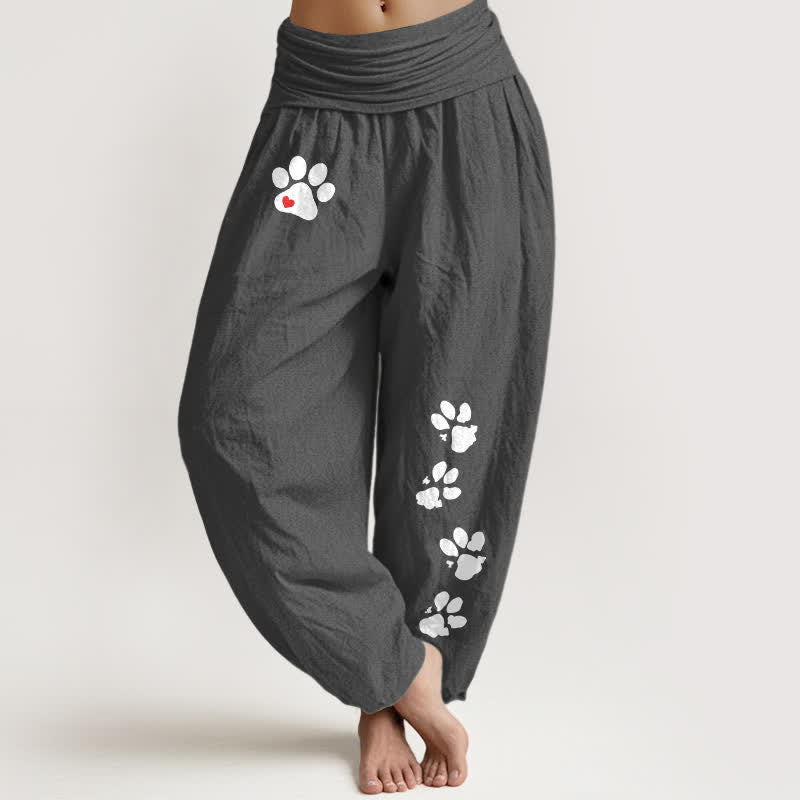 Buddha Stones Pantaloni harem da donna in puro cotone bianco con stampa di zampe e elastico in vita. - Grigio tenue - US16, UK/AU20, EU48 (3XL) - image 5
