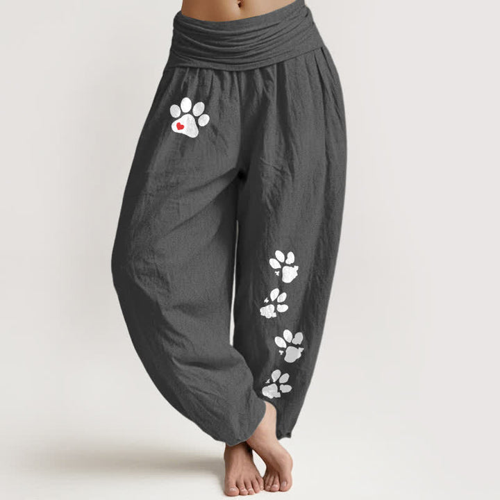 Buddha Stones Pantaloni harem da donna in puro cotone bianco con stampa di zampe e elastico in vita. - Grigio tenue - US16, UK/AU20, EU48 (3XL) - image 5