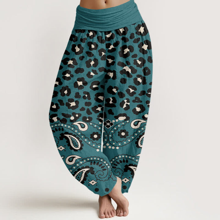 Buddha Stones Pantaloni harem da donna in cotone verde oliva con fantasia leopardata e paisley e elastico in vita. - Verde acqua - US16, UK/AU20, EU48 (3XL) - image 5